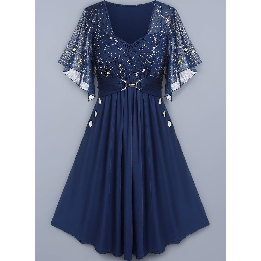 Navy Blue Celestial Star Print Flutter Sleeve Empire Waist Dress Plus 1XL